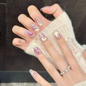 <span class=keywords><strong>Faux</strong></span> <span class=keywords><strong>ongles</strong></span> artisanaux à presser style <span class=keywords><strong>chinois</strong></span> traditionnel, motif floral violet avec veines dorées et ornements 3D en forme de gourde violette - Product Image 1