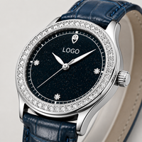 Jam Tangan Wanita Midnight Star 36mm Alloy Quartz Bertabur Berlian Tali Kulit Jarum Bercahaya Tahan Air 30M Grosir