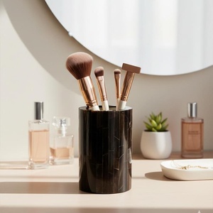 Modern Bamboo <b>Toothbrush</b> <b>Holder</b> with Polished Black Resin Cup Bathroom Decor Minimalist Bamboo and Resin Storage Cup - Product Image 1