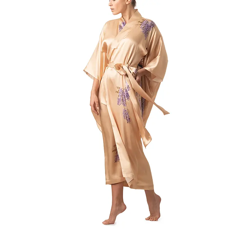 OEM Logo baskı pijama Femme Kimono pijama elbise uzun ipek Kimono