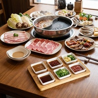 Ensemble moderne de 6 bols en céramique avec plateau de service en bambou, plat à condiments divisé pour apéritifs, tapas et sauces de fête
