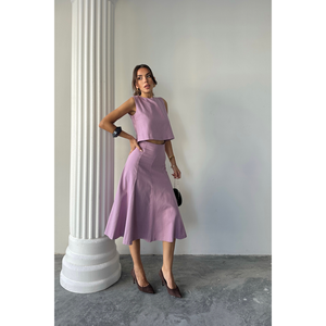 Conjunto de Dos Piezas para Mujer, Blusa sin Mangas de Gabardina y Falda Campana, Color Lila, Talla S - Product Image 3