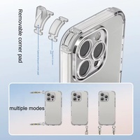 Étui de téléphone portable transparent en TPU moulé par injection avec chaîne/sangle, antichoc, à ouverture à quatre coins, détachable, à faire soi-même