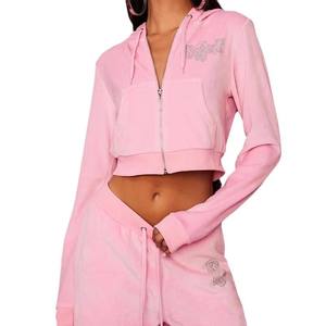 Abbigliamento da donna cappotto corto Casual e pantaloni svasati Set Top con cappuccio a manica lunga con cerniera a tinta unita per la primavera - Product Image 1