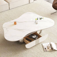 Table basse écologique style papillon avec plateau ovale en pierre frittée, tiroir de rangement, base en acier inoxydable et meuble en MDF