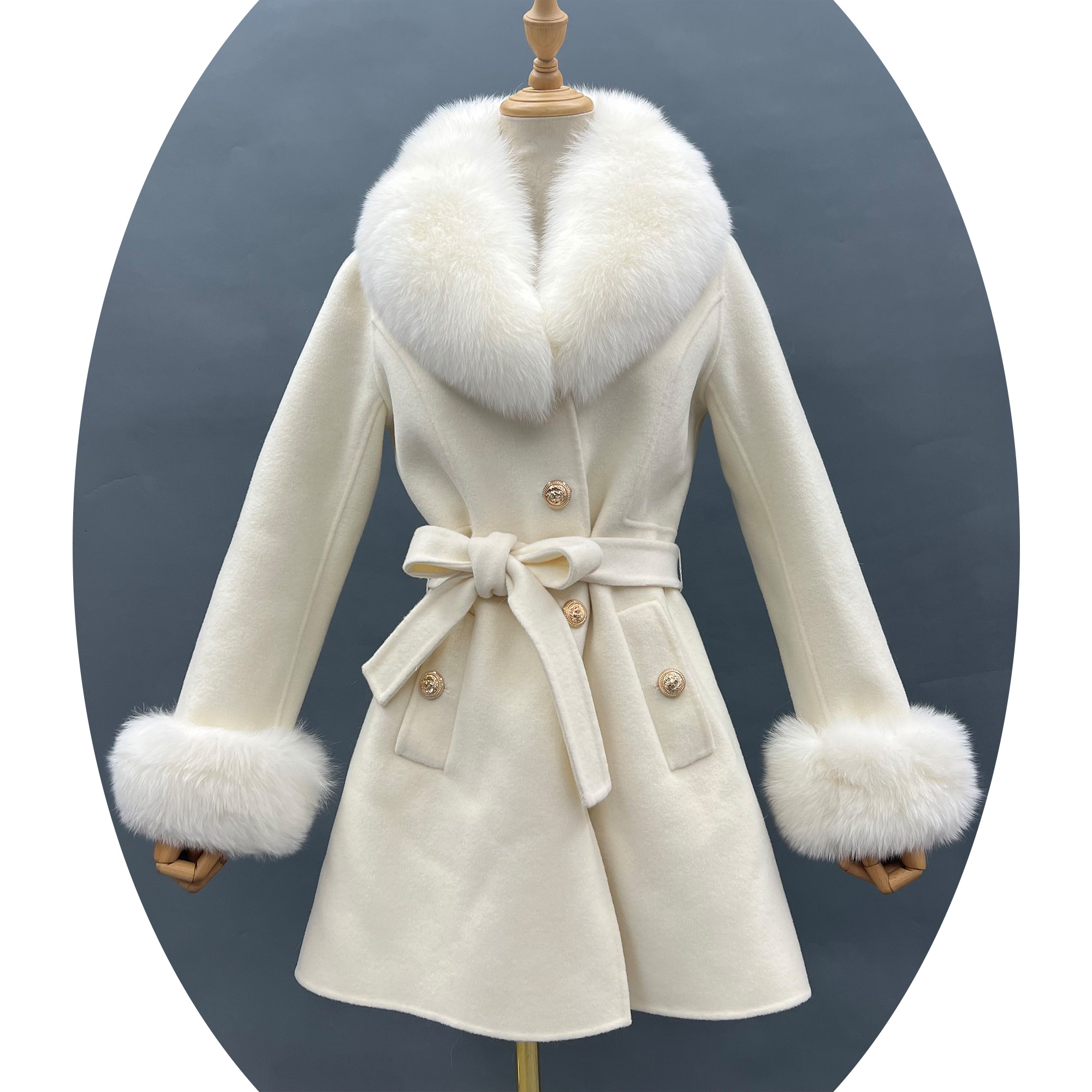 Fox Fur Trench Coat With Fur Collar And Cuffs Womens Faux