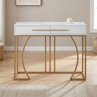 Table console contemporaine en MDF avec plateau en bois et étagère de rangement, finition métallique dorée, pour salon et appartement (vente en gros)