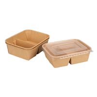 Bol en papier kraft rectangulaire à 2 compartiments Fond plat Résistant à la graisse Anti-fuite Contenant alimentaire jetable avec couvercle