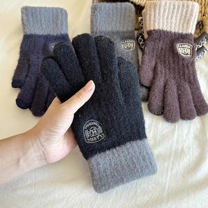 Men's Riding Knitted <b>Gloves</b> Cold protection Outdoor Anti-freezing Hand Contrast Color Embroidery Touch Screen - Product Image 1