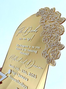 Logotipo personalizado con forma de espejo cortado con láser, lámina dorada, acrílico, tarjetas de menú de boda, diseño Floral con iconos de bebidas en 3D - Product Image 5