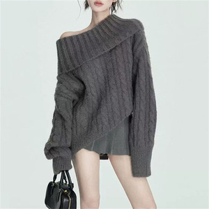 Herbst Winter Damen Pullover Schulterfrei Zopfmuster Locker Sitzender Rollkragenpullover Langarm Gerippt Gemütlich Warm Lässiger Stil Strickwaren - Product Image 5