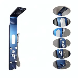 blue luxury shower panels with oval body massage jets and head shower