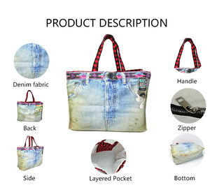 Sac fourre-tout en toile de style denim grande capacité pour femmes 3202 <span class=keywords><strong>K</strong></span>, personnalité créative, sac à bandoulière recyclé, sac à main de créateur avec poignée - Product Image 2