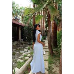 Blue Solid <b>Dress</b> with Slit Detail Elegant Square Collar Empire Waist XL Size for Day <b>Club</b> Party Wear - Product Image 1