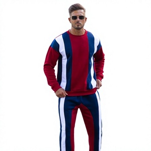 Ensemble de survêtement décontracté pour homme, rouge, bleu et blanc, à blocs de couleur, manches longues, col rond, avec poches latérales, pour le printemps - Product Image 1