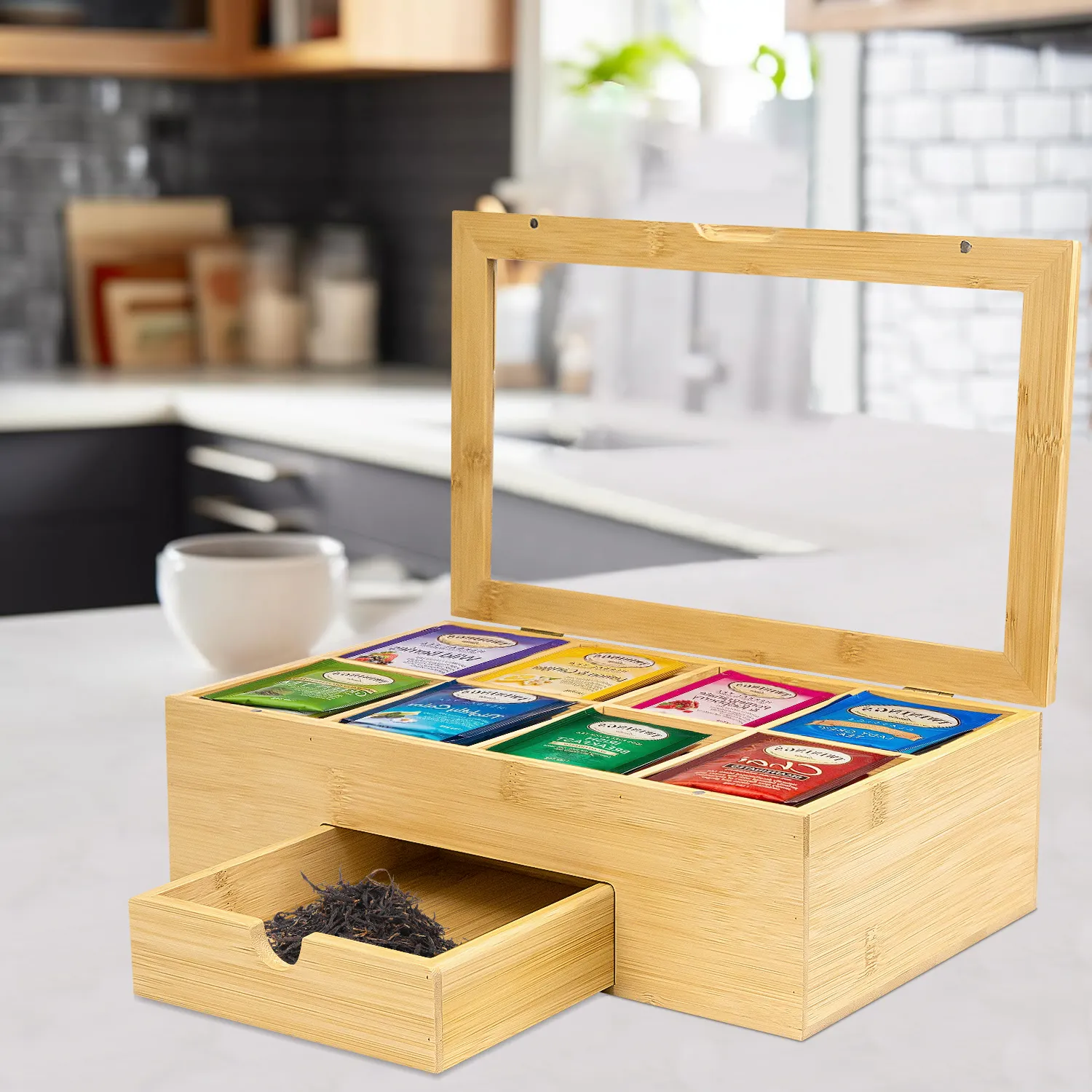 Caixa organizadora de saquinhos de chá de bambu natural de alta qualidade com 6 compartimentos GL, suporte de chá para saquinhos de chá organizador com gaveta