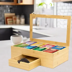 Caja organizadora de bolsitas de té de bambú Natural de alta calidad con 6 compartimentos GL, soporte de té para organizador de bolsitas de té con cajón