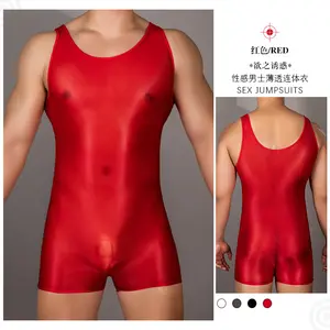 King McGreen Star Người Đàn Ông Sexy Bodysuit Dầu Bóng Xem Thông Qua Co Giãn Không Tay Rompers Mỏng Playsuits Sheer Lưới Băng Lụa Mềm