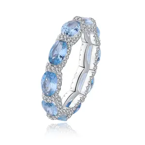 925 Sterling Zilveren Full Diamond High Carbon Diamant Vrouwen Luxe Mode Blauwe Topaz Stenen Ring