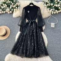 Robe longue élégante pour femme WIWT, coupe trapèze, décontractée, avec manches bouffantes en maille, ceinture à la taille, broderie de feuilles en tulle, idéale pour le quotidien et les soirées.