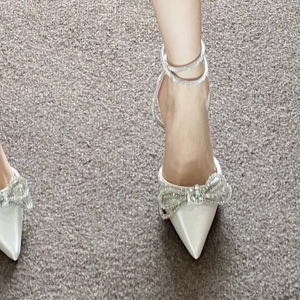 Fashion <strong>Sparkling</strong> White Bow Pointed Toe High Heels with Rhinestone Cross Strap Stiletto French Open-Toe <strong>Sandals</strong> - Product Image 3