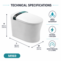 Inodoro inteligente de pie de cerámica con sifón alargado, boquilla de autolimpieza automática, sensor de pie, descarga sifónica y dispensador de espuma