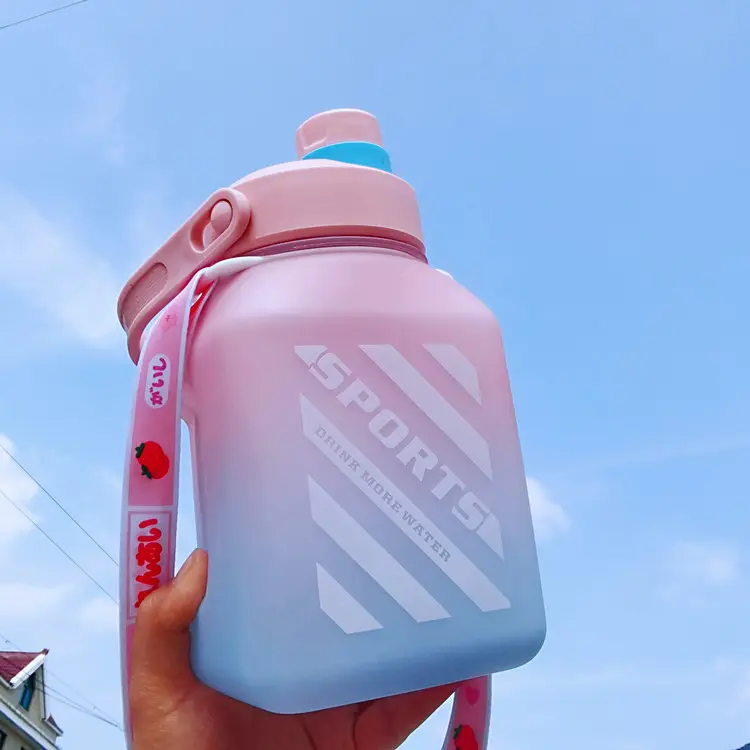 Zigifts Nieuwe Vierkante Kids Drinkbeker Gradiëntkleur 1 Liter Fles Met Schouderriem Schattige Plastic Flessen Voor Drankjes