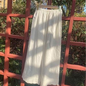 White Wide Leg Pants Lace Trim Mid Waist Breathable Cotton Linen Casual Women's Pants - Product Image 3