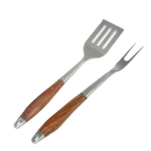 Bộ Dụng Cụ Và Thìa BBQ Bằng Thép Không Gỉ 2 Chiếc Thiết Kế Mới 2019 Có Tay Cầm Bằng Gỗ - Product Image 1