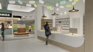 Tienda médica Diseño de muebles Soporte de exhibición de farmacia Góndola Metal dorado Vidrio templado Farmacia Estante de exhibición con mostrador - Product Image 3