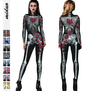 Moda assustador esqueleto fantasma, manga longa, festa, cosplay, mulheres, macacão, peça única, slim, fantasia de halloween