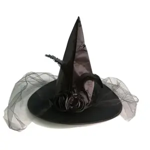 Halloween Costume Accessory Adult Cosplay Party Black Flower Veil Witch Hat for Woman