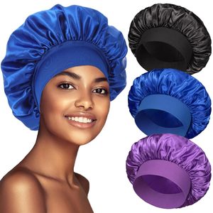 Bonnets de nuit en satin de couleur unie avec large bande élastique pour femmes, pour le soin des cheveux bouclés - Product Image 2