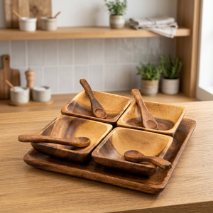 Ensemble de service artisanal en bois d'acacia, 4 bols carrés, cuillères, plateau, plats à collation en bois, vaisselle de restauration, compatible lave-vaisselle - Product Image 5