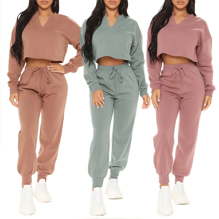 new arrival Custom Crop Top Hoodie Comfy Cotton 2 Piece Set For Women Long Sleeve Casual Track Suit Women Clothing