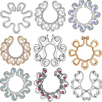 Meilleures ventes : Exquises fausses bagues de langue en acier inoxydable en forme de fleur, clous de poitrine non-percants en ZIRCON motif écran de paon
