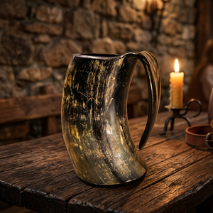 Tasses à bière en corne de bœuf naturelle de qualité supérieure B.S International, style américain, avec couvercle en bambou, légères et écologiques - Product Image 1