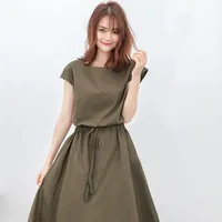 Robe décontractée pour femmes d'été, col rond, manches courtes, mi-longue, avec cordon de serrage, élégante, en coton et lin