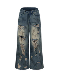Jeans Dritti a Vita Alta in Denim Retrò, Nuovi Modelli Autunno 2026, Pantaloni Casual Larghi a Gamba Larga, Lavati e Distressed, Tinta Unita - Product Image 1