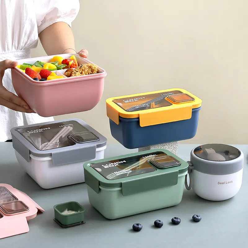 Plástico À Prova de Vazamento Micro-ondas Bento Box 3 Compartimento Lunch Box Recipiente De Armazenamento De Alimentos com Lunch Bag