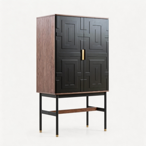 WALNUT BAR <b>CABINET</b> WITH BRASS HARDWARE and PATTERNED FRONT SOLID TIMBER INTERIOR <b>CABINET</b> - Product Image 3