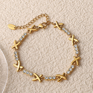 European American Style X Shape Rhinestone Stainless Steel 18K Gold Plated Necklace <b>Bracelet</b> <b>Set</b> For Women Party Jewelry - Product Image 3