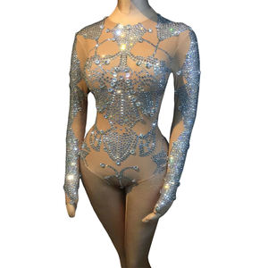 بدلة رقص نسائية ضيقة مزينة بالكريستال بلون البشرة، زي أداء مسرحي مرصع بالأحجار الكريمة - Product Image 1