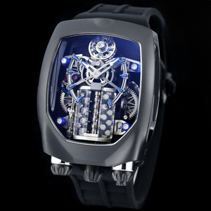 Montre de luxe pour homme au design sportif, personnalisée, avec cadran ajouré, mouvement tourbillon et bracelet rouge, montre-bracelet sportive et luxueuse - Product Image 2