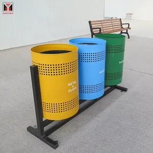 Factory Outdoor Waste Bin Street Metal Steel Trash Can Park Patio Recycle Bin 3 Compartment
