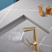 Robinet de lavabo moderne en laiton massif brossé doré, monotrou, monocommande, eau chaude et froide, cartouche céramique certifiée NSF