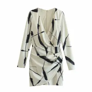 Женское Плиссированное Повседневное платье, черно-белое платье с длинным рукавом и V-образным вырезом, 2023