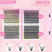 Kit Bulu Mata Kluster Wispy, Ekstensi Bulu Mata 640 Pcs, Bebas Kekejaman, CD-Curly Natural Individual Lashes DIY Hitam PBT 0.07MM