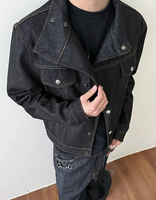 Veste bomber vintage en denim de haute qualité personnalisable, à manches longues, à bouton unique, à ourlet plat, avec deux poches poitrine, 100% coton