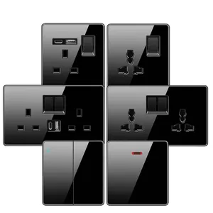 Đen Tempered Glass Tường Đèn chuyển đổi, uk13a Loại C USB ổ cắm điện, 1gang2way tốc độ 220V chuyển đổi điện ổ cắm Bảng điều chỉnh - Product Image 1